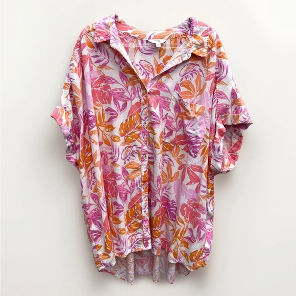 Terra & Sky Tops - Terra & Sky Linen Top Women 3X Button Down Floral Multi Resort Wear Tropical
